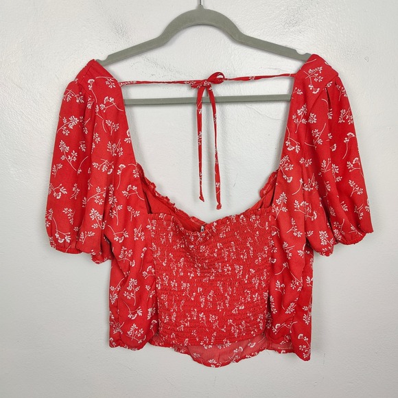 Abercrombie & Fitch Top Womens‎ XL Red Floral Print Tie Back Smocked Sweetheart - Picture 4 of 8